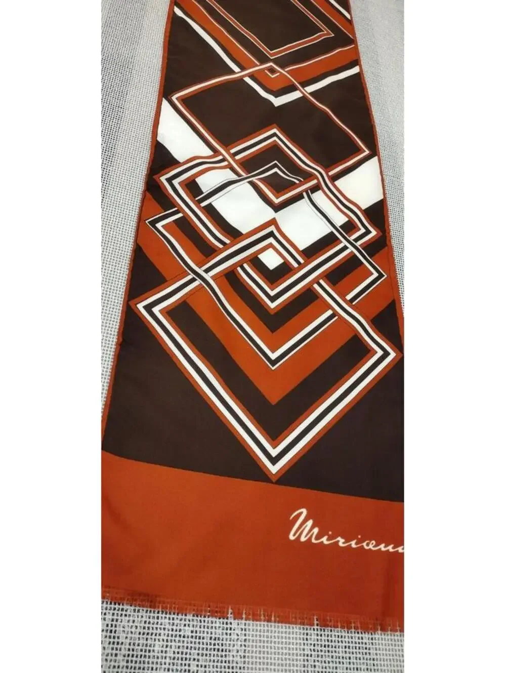 Vintage 70s Miriceu Eureopean Abstract Long Scarf Terra Brown Geometric Diamonds